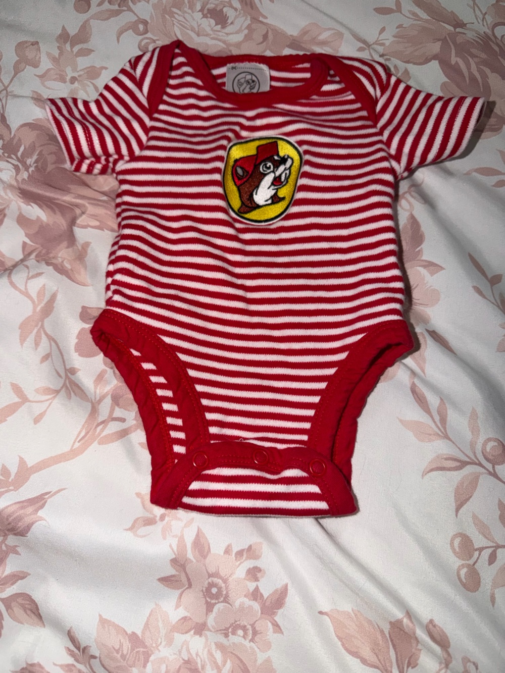 Striped Red & White Baby One-Piece with Cartoon Patch